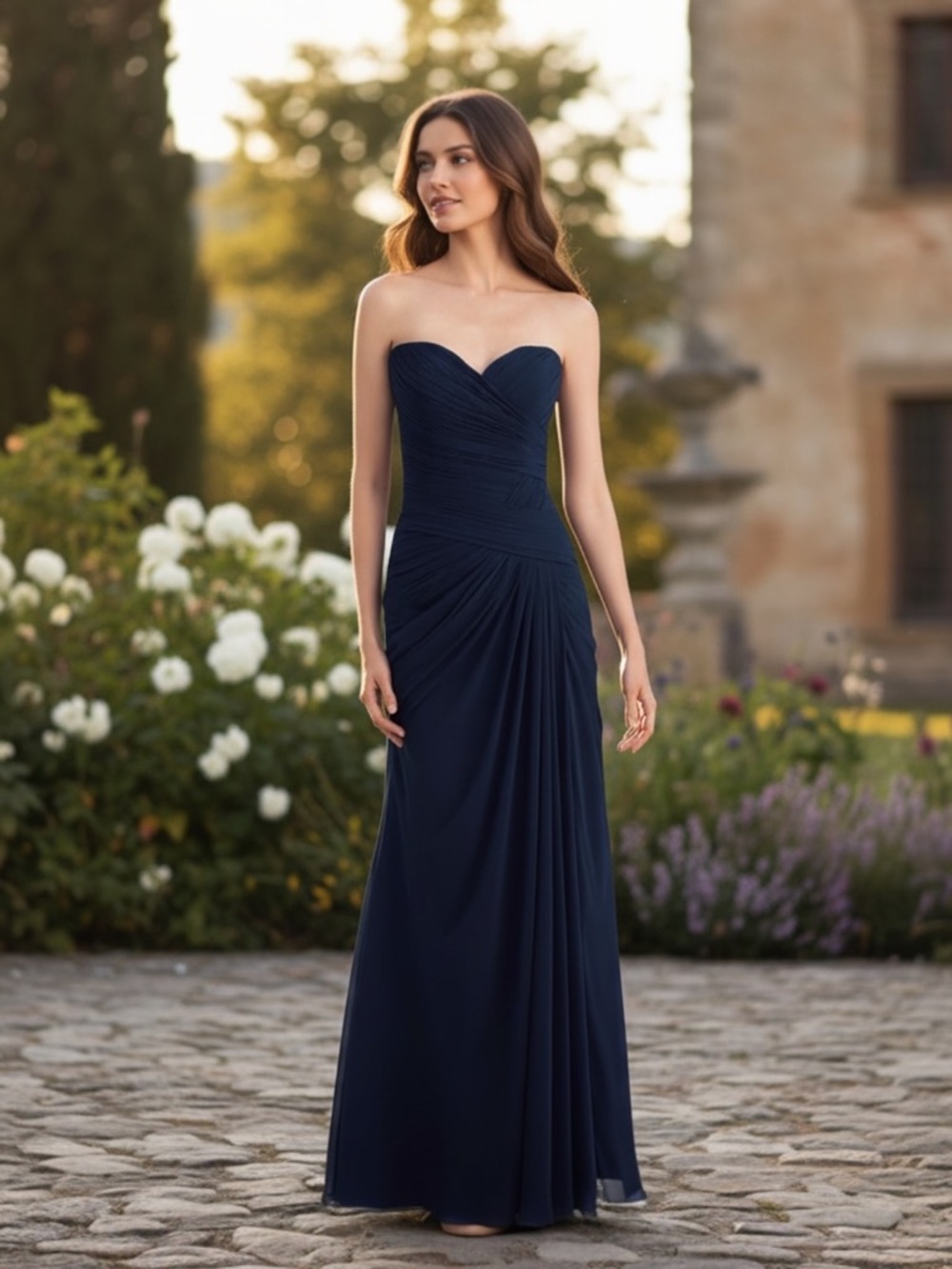 Bill Levkoff Rouched Navy Chiffon Bridesmaid Dress Strapless Maxi Formal Sz 8 - Picture 15 of 15